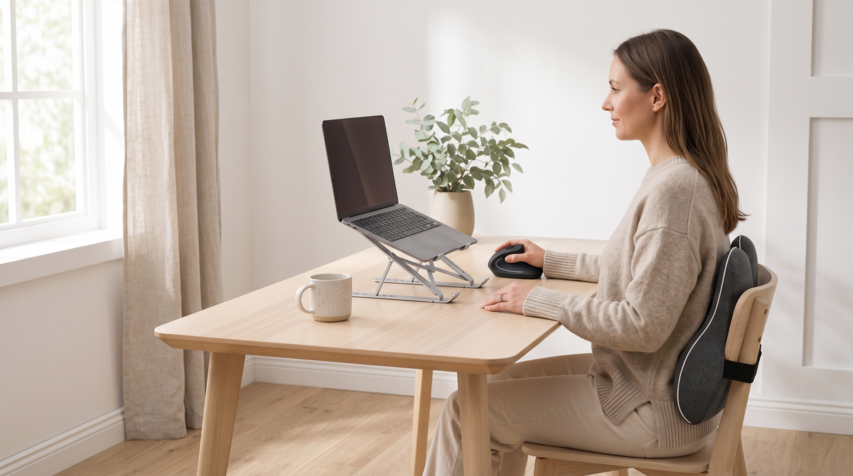Working at a desk in a bright room, sitting upright with the lower back supported