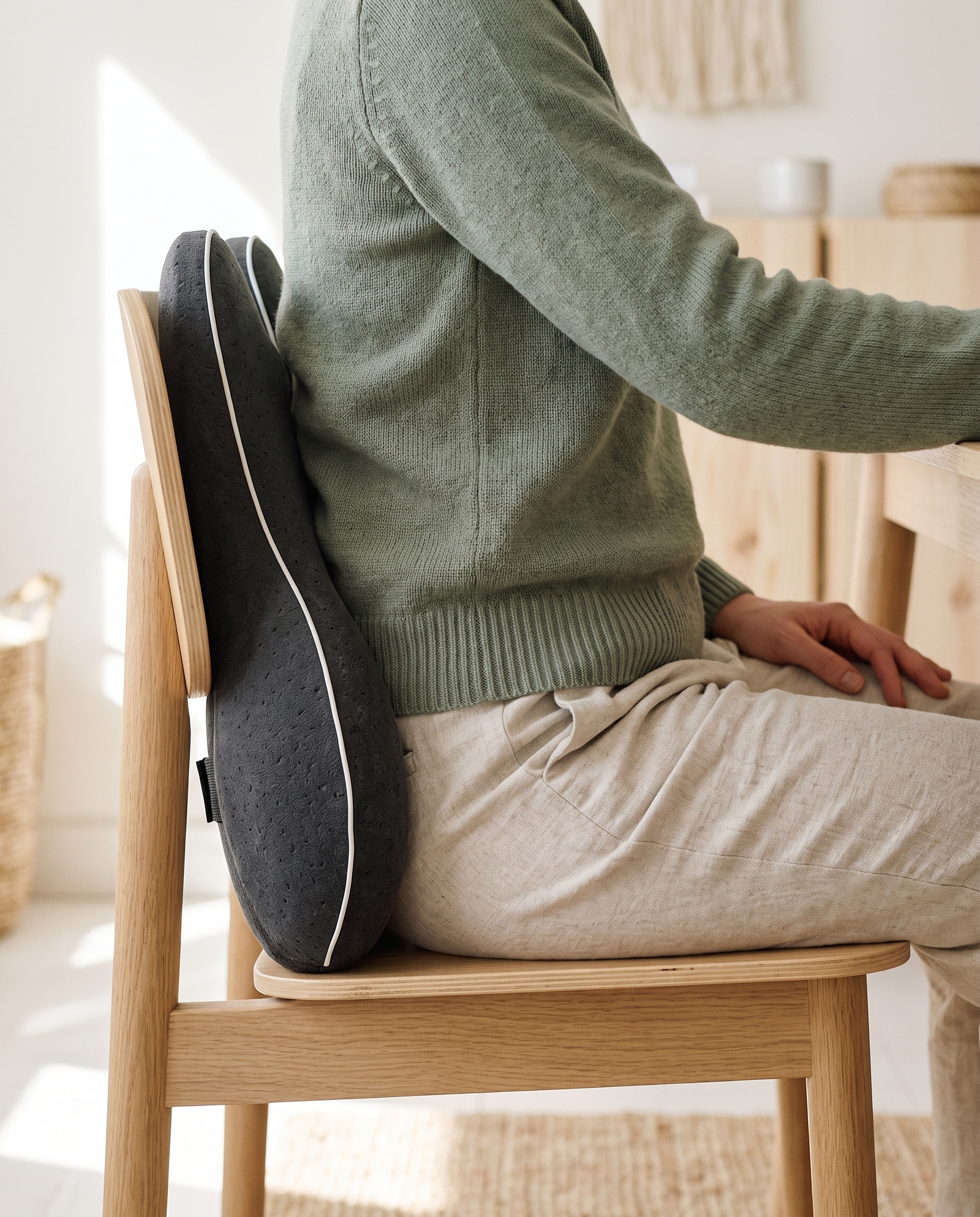Seated at a desk with the lower back supported in its natural curve